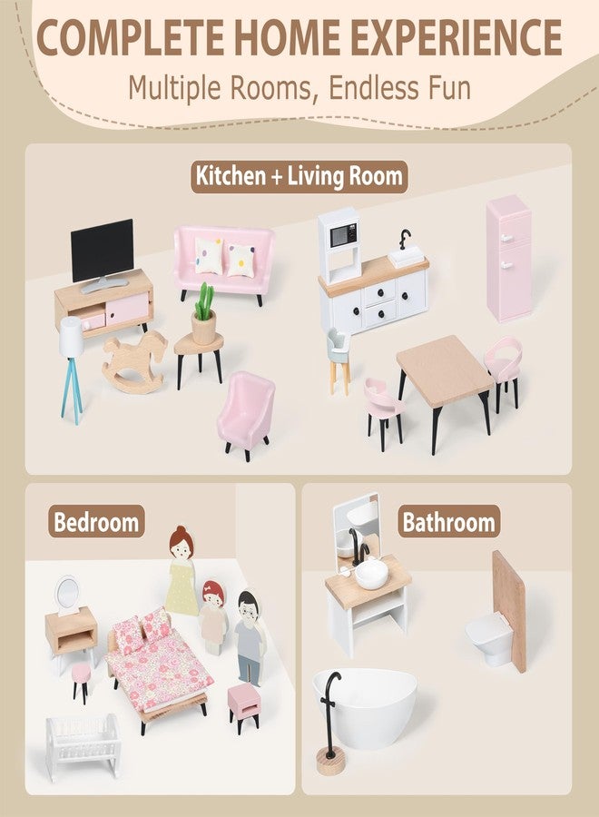Pithfor Wooden Dollhouse Furniture Set, Dollhouse Accessories and Furniture, with 7 Rooms 3 Dolls, Includes Patio Set & Dog Set, Doll House Furniture Toys Gift for Kids Boys Girls - Image 3